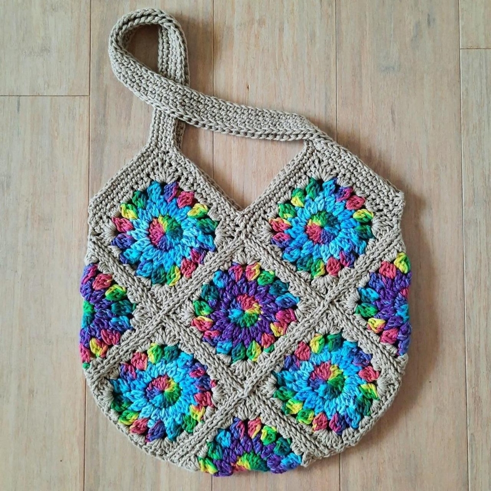 Crochet Sparkly Rainbow Starburst Tote Bag